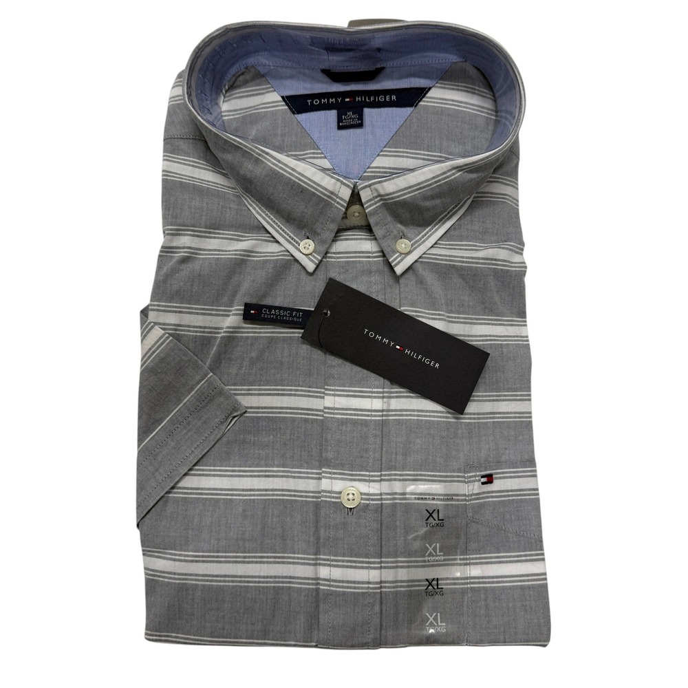 Tommy Hilfiger Button Down Shirt Mens XL Grey Striped Short Sleeve Classic NWT